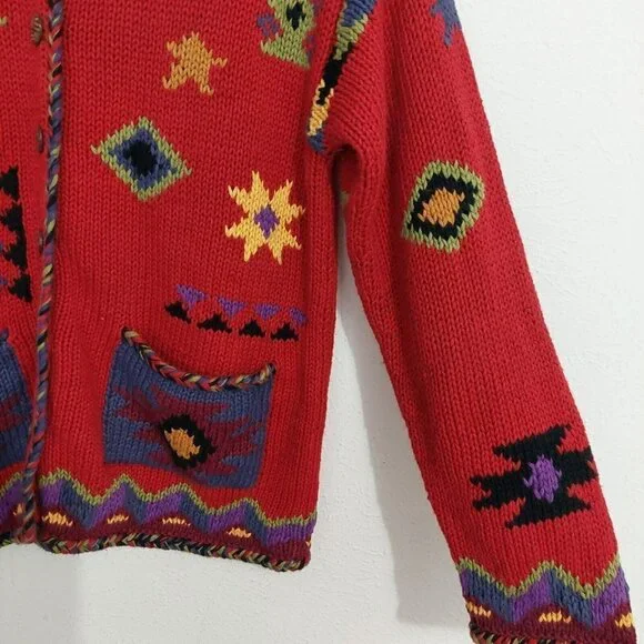 Coldwater Creek Red Southwest Aztec  Geometric Button Down Sweater Jacket Size L - Picture 4 of 9